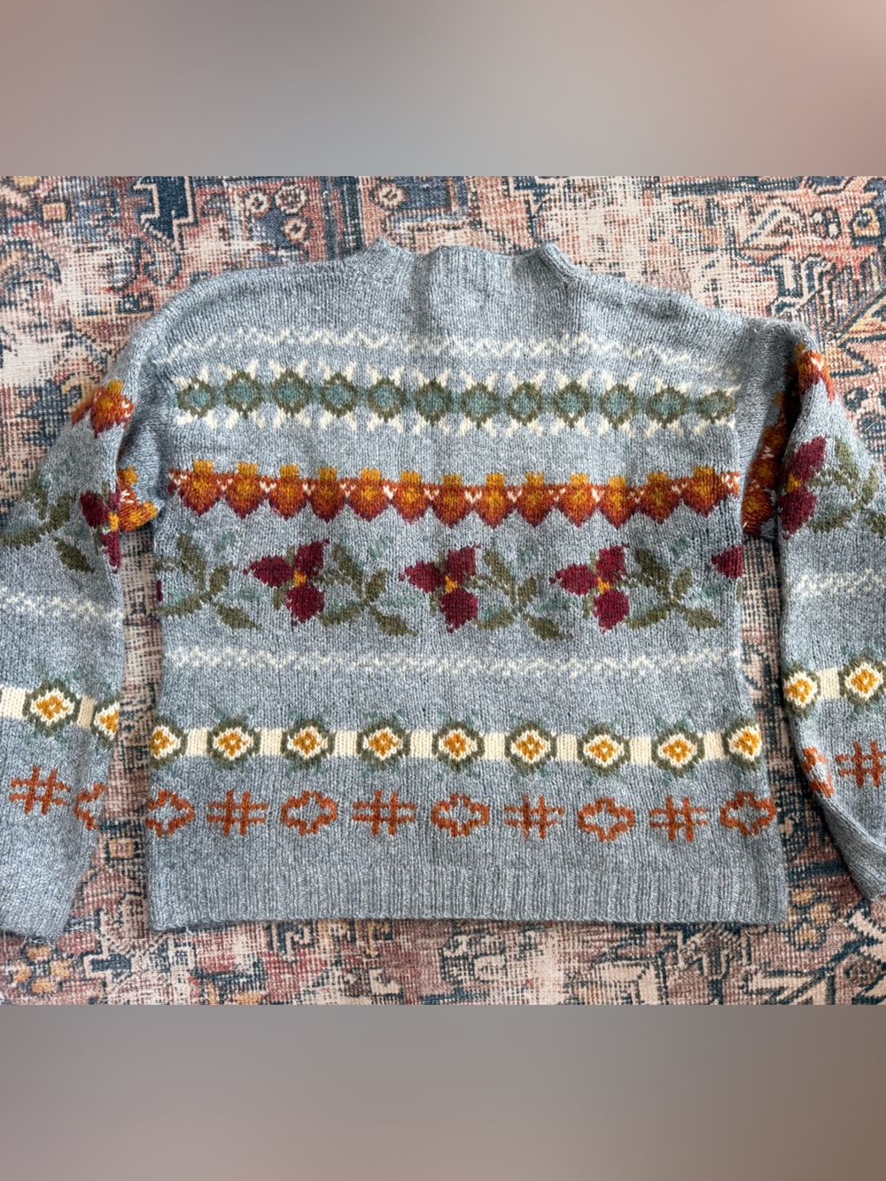 Vintage L.L.Bean Wool-blend Nordic Crew Neck Sweater Floral Fair Isle Pattern - Picture 2 of 7